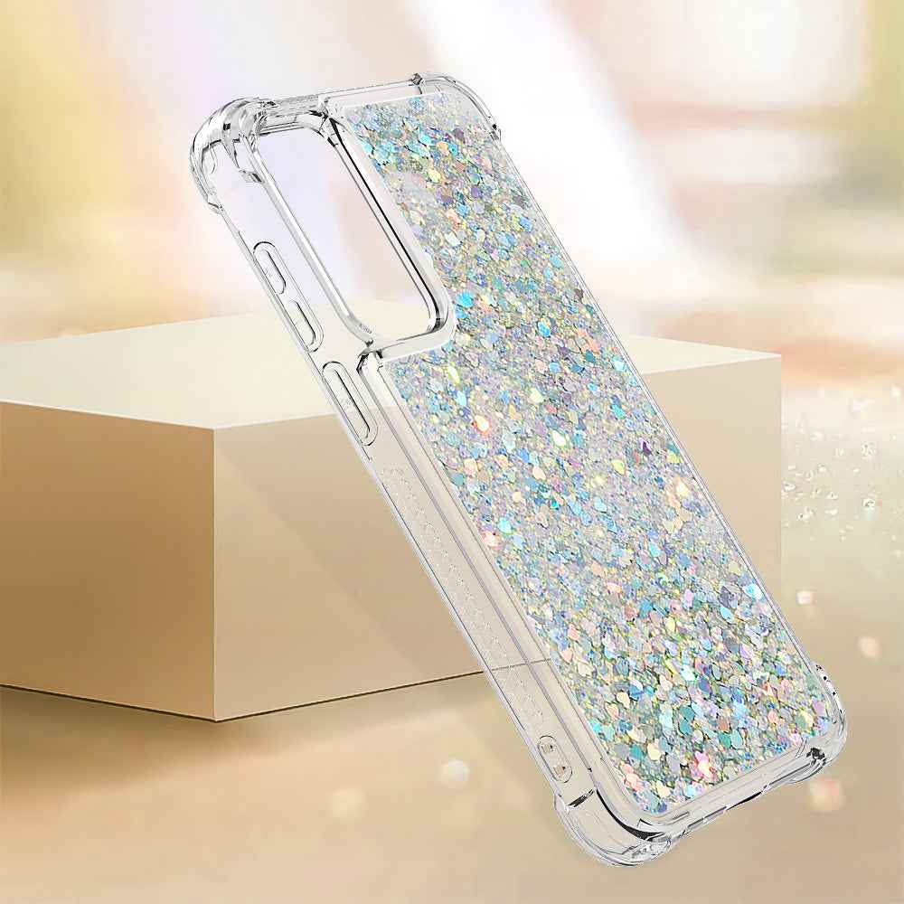For Samsung Galaxy A57 5G TPU Case Glitter Quicksand Shockproof Phone Back Cover - Silver / Hearts