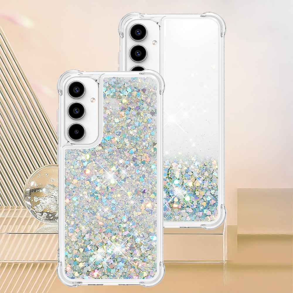 For Samsung Galaxy A57 5G TPU Case Glitter Quicksand Shockproof Phone Back Cover - Silver / Hearts