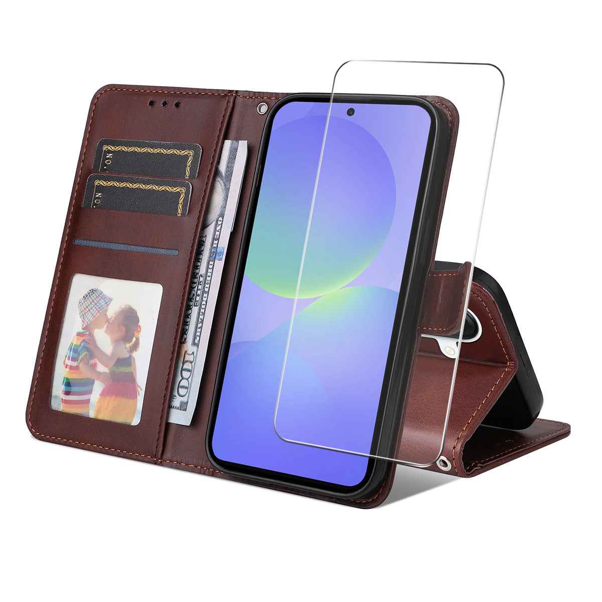 For Samsung Galaxy A57 5G PU Leather Wallet Case ENKAY HAT PRINCE Phone Stand Cover with 9H Tempered Glass - Brown
