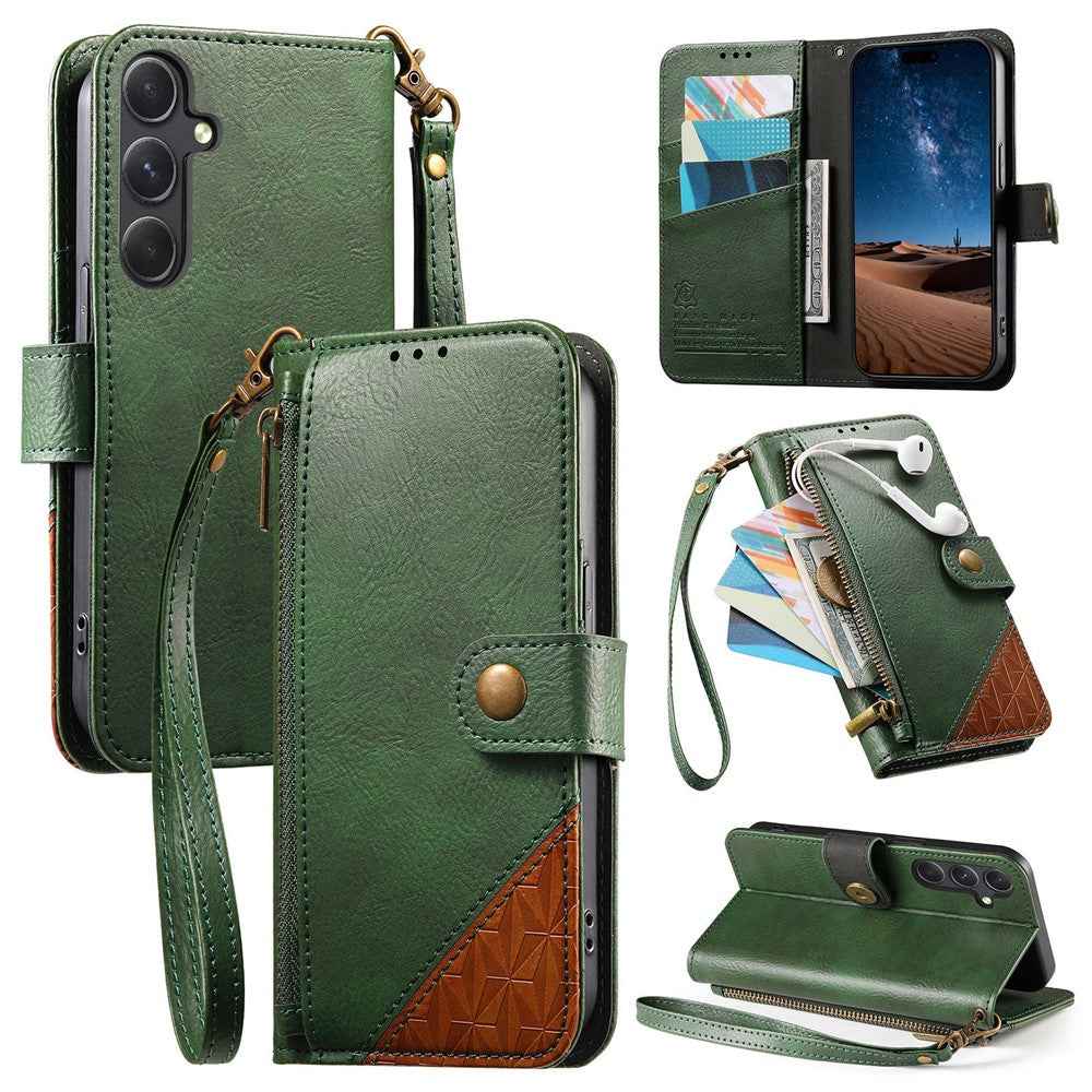 For Samsung Galaxy A57 5G Case Color Splicing TPU PU Leather Flip Shockproof Phone Cover with Wrist Strap - Green