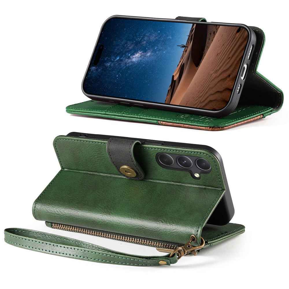 For Samsung Galaxy A57 5G Case Color Splicing TPU PU Leather Flip Shockproof Phone Cover with Wrist Strap - Green