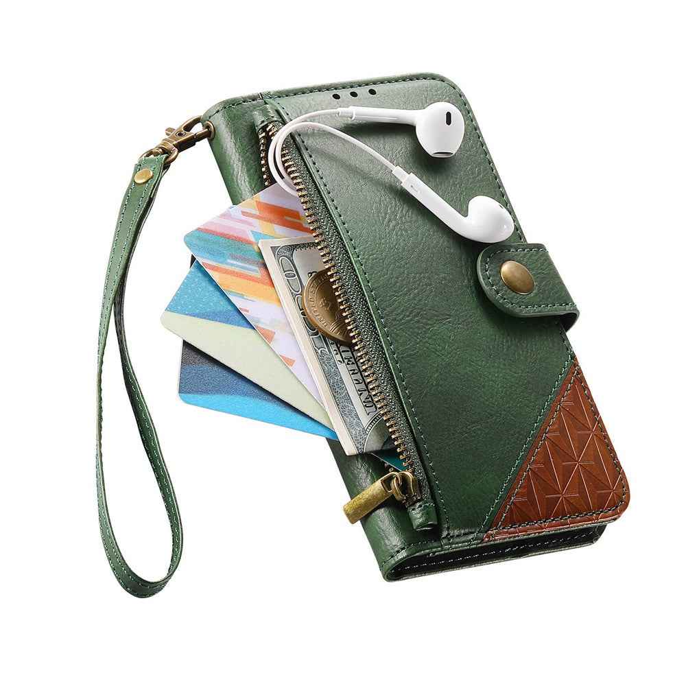 For Samsung Galaxy A57 5G Case Color Splicing TPU PU Leather Flip Shockproof Phone Cover with Wrist Strap - Green