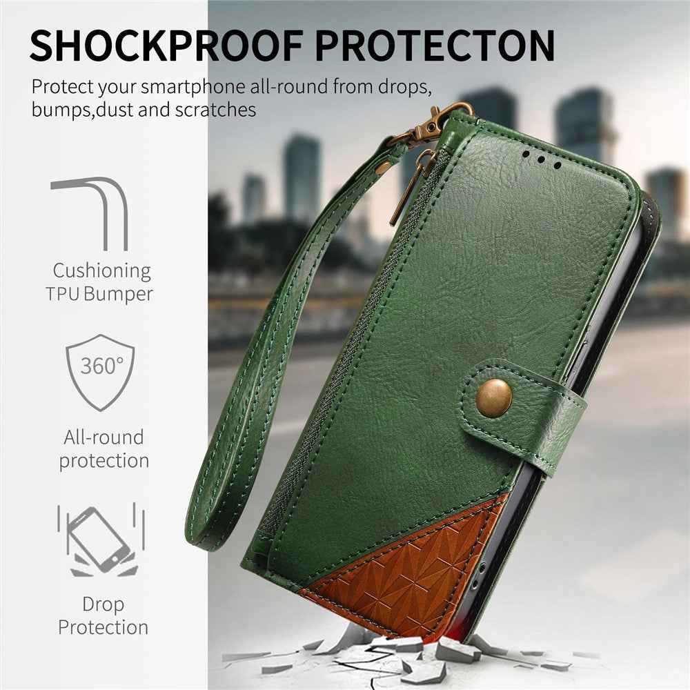 For Samsung Galaxy A57 5G Case Color Splicing TPU PU Leather Flip Shockproof Phone Cover with Wrist Strap - Green