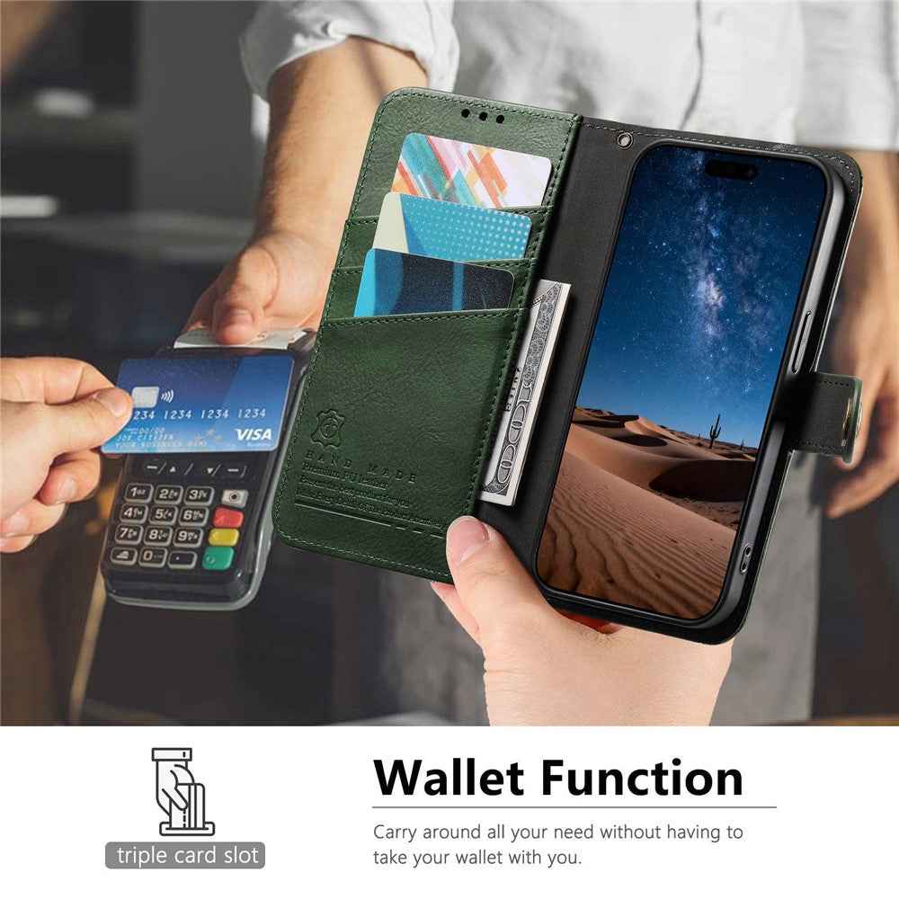 For Samsung Galaxy A57 5G Case Color Splicing TPU PU Leather Flip Shockproof Phone Cover with Wrist Strap - Green