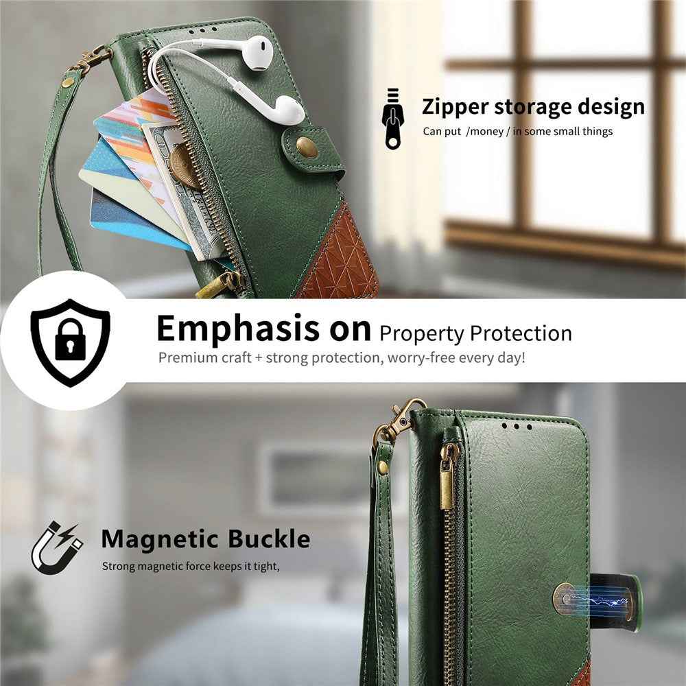 For Samsung Galaxy A57 5G Case Color Splicing TPU PU Leather Flip Shockproof Phone Cover with Wrist Strap - Green