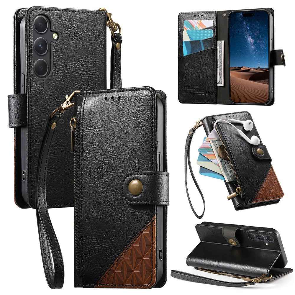 For Samsung Galaxy A57 5G Case Color Splicing TPU PU Leather Flip Shockproof Phone Cover with Wrist Strap - Black