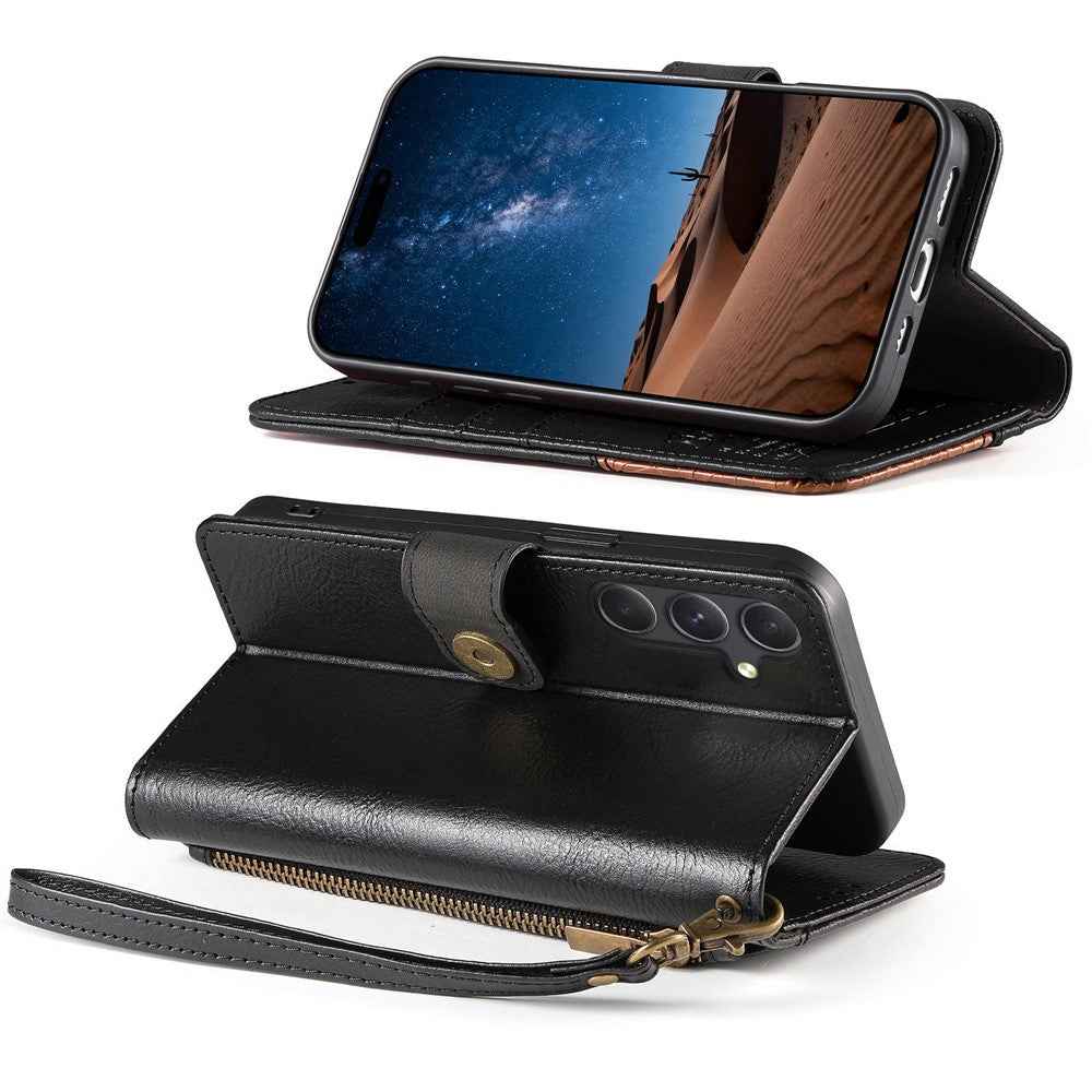 For Samsung Galaxy A57 5G Case Color Splicing TPU PU Leather Flip Shockproof Phone Cover with Wrist Strap - Black