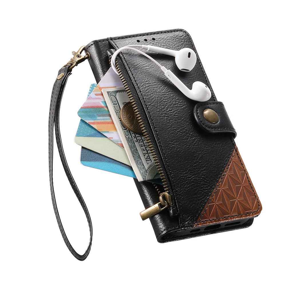 For Samsung Galaxy A57 5G Case Color Splicing TPU PU Leather Flip Shockproof Phone Cover with Wrist Strap - Black