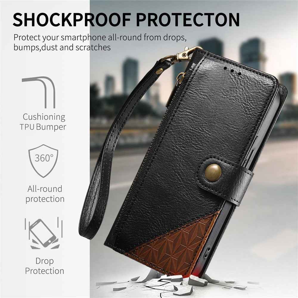 For Samsung Galaxy A57 5G Case Color Splicing TPU PU Leather Flip Shockproof Phone Cover with Wrist Strap - Black