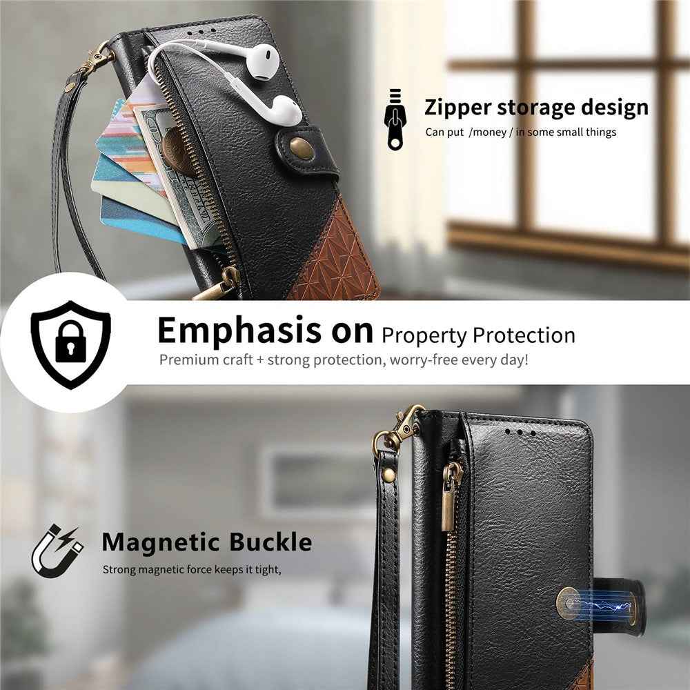 For Samsung Galaxy A57 5G Case Color Splicing TPU PU Leather Flip Shockproof Phone Cover with Wrist Strap - Black