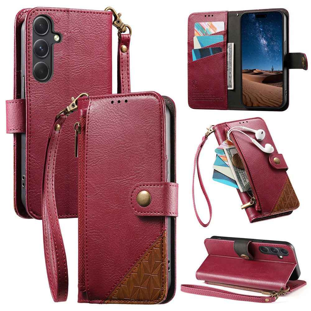 For Samsung Galaxy A57 5G Case Color Splicing TPU PU Leather Flip Shockproof Phone Cover with Wrist Strap - Red