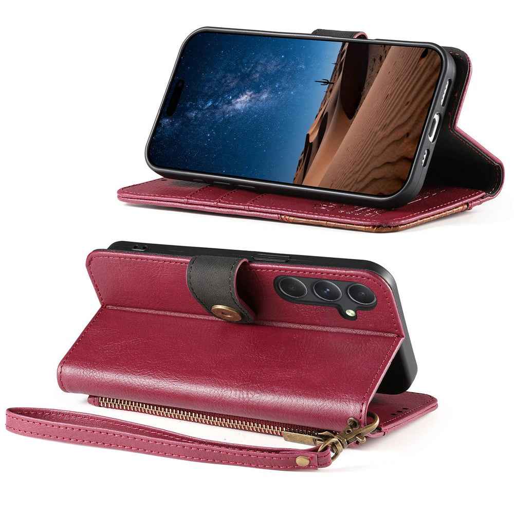 For Samsung Galaxy A57 5G Case Color Splicing TPU PU Leather Flip Shockproof Phone Cover with Wrist Strap - Red