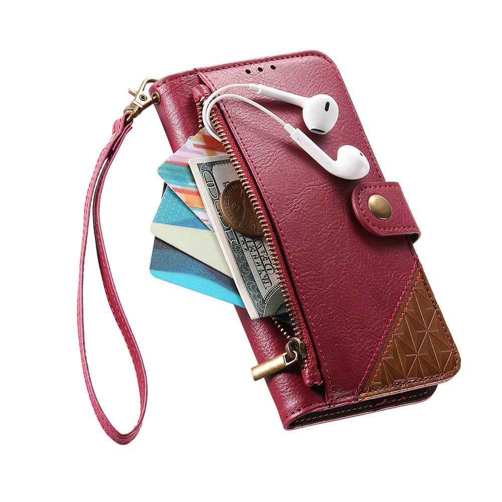 For Samsung Galaxy A57 5G Case Color Splicing TPU PU Leather Flip Shockproof Phone Cover with Wrist Strap - Red