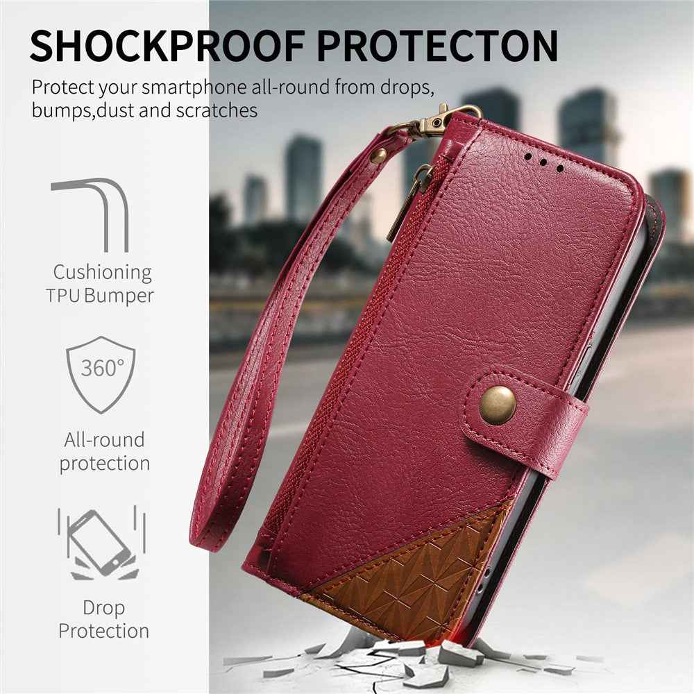 For Samsung Galaxy A57 5G Case Color Splicing TPU PU Leather Flip Shockproof Phone Cover with Wrist Strap - Red