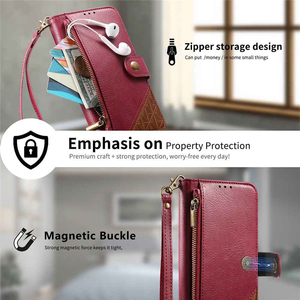 For Samsung Galaxy A57 5G Case Color Splicing TPU PU Leather Flip Shockproof Phone Cover with Wrist Strap - Red