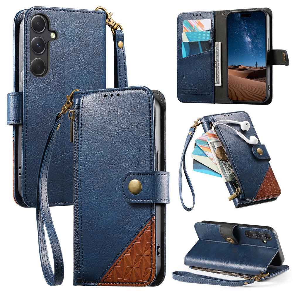 For Samsung Galaxy A57 5G Case Color Splicing TPU PU Leather Flip Shockproof Phone Cover with Wrist Strap - Blue