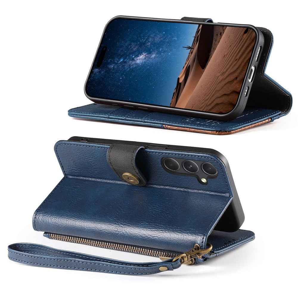 For Samsung Galaxy A57 5G Case Color Splicing TPU PU Leather Flip Shockproof Phone Cover with Wrist Strap - Blue