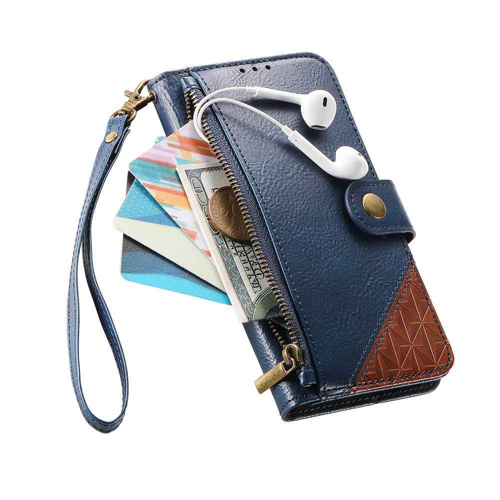 For Samsung Galaxy A57 5G Case Color Splicing TPU PU Leather Flip Shockproof Phone Cover with Wrist Strap - Blue