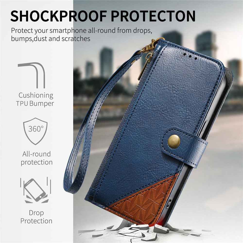 For Samsung Galaxy A57 5G Case Color Splicing TPU PU Leather Flip Shockproof Phone Cover with Wrist Strap - Blue