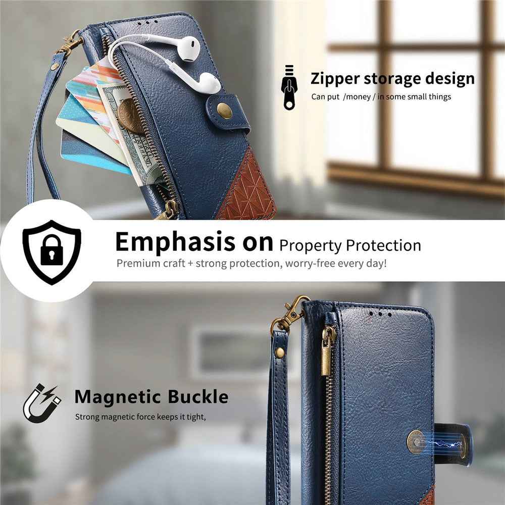 For Samsung Galaxy A57 5G Case Color Splicing TPU PU Leather Flip Shockproof Phone Cover with Wrist Strap - Blue