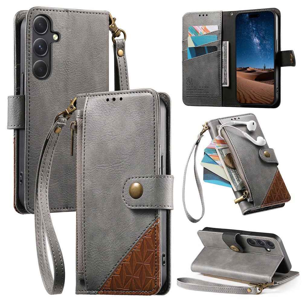 For Samsung Galaxy A57 5G Case Color Splicing TPU PU Leather Flip Shockproof Phone Cover with Wrist Strap - Grey