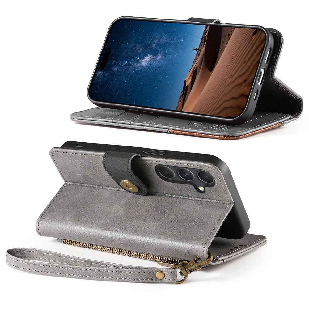 For Samsung Galaxy A57 5G Case Color Splicing TPU PU Leather Flip Shockproof Phone Cover with Wrist Strap - Grey