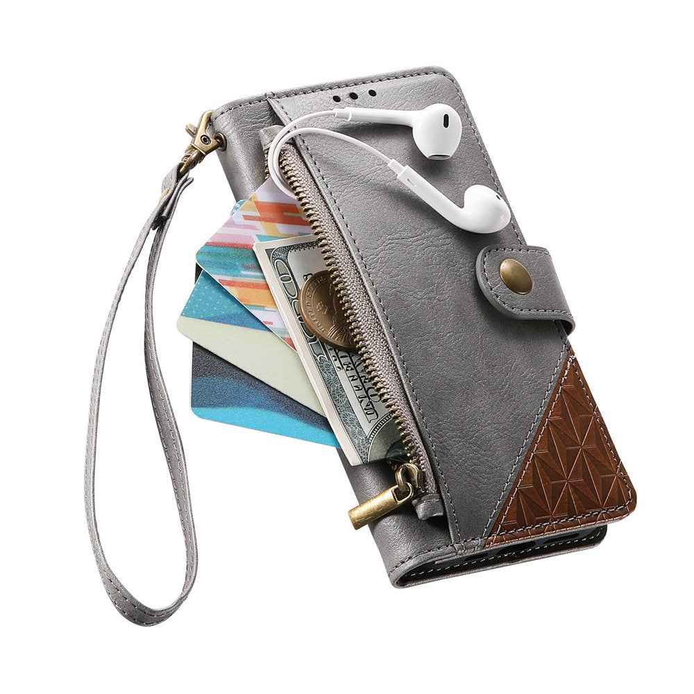 For Samsung Galaxy A57 5G Case Color Splicing TPU PU Leather Flip Shockproof Phone Cover with Wrist Strap - Grey
