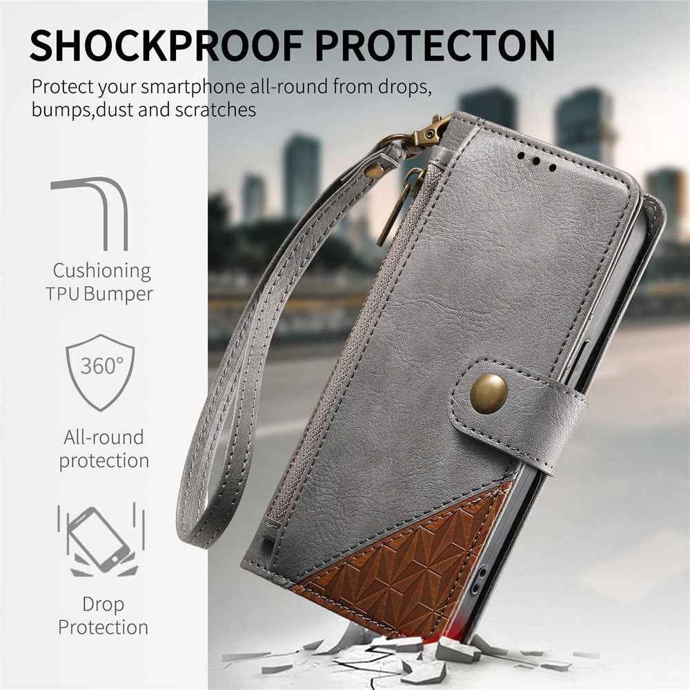 For Samsung Galaxy A57 5G Case Color Splicing TPU PU Leather Flip Shockproof Phone Cover with Wrist Strap - Grey