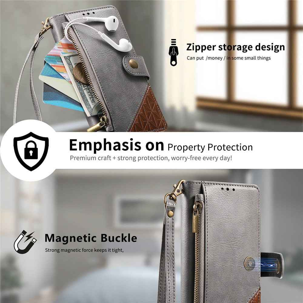 For Samsung Galaxy A57 5G Case Color Splicing TPU PU Leather Flip Shockproof Phone Cover with Wrist Strap - Grey