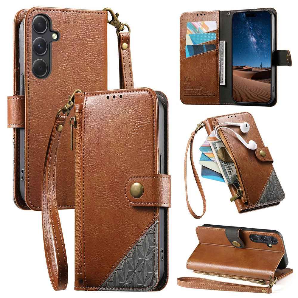 For Samsung Galaxy A57 5G Case Color Splicing TPU PU Leather Flip Shockproof Phone Cover with Wrist Strap - Brown