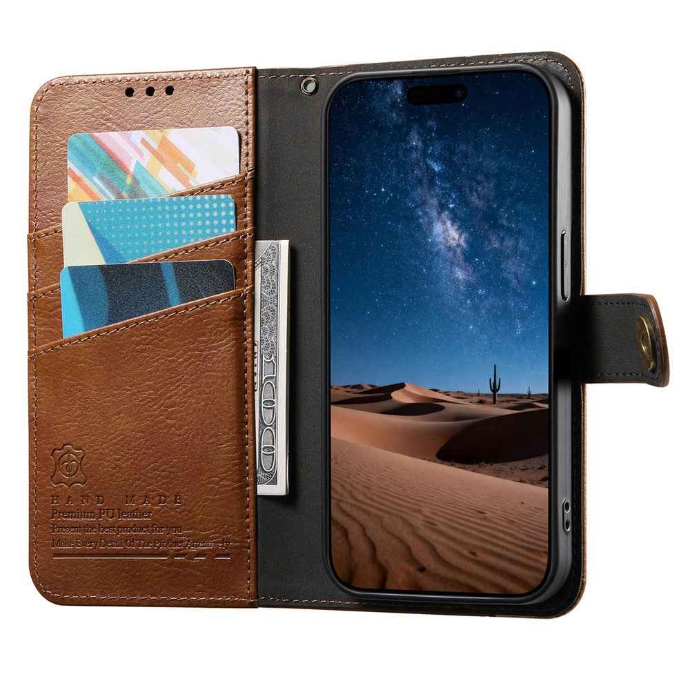 For Samsung Galaxy A57 5G Case Color Splicing TPU PU Leather Flip Shockproof Phone Cover with Wrist Strap - Brown
