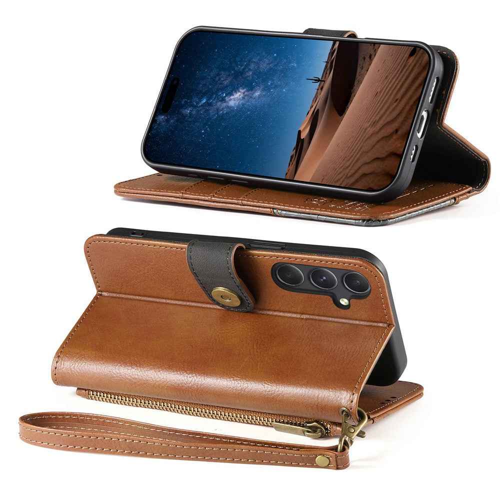 For Samsung Galaxy A57 5G Case Color Splicing TPU PU Leather Flip Shockproof Phone Cover with Wrist Strap - Brown