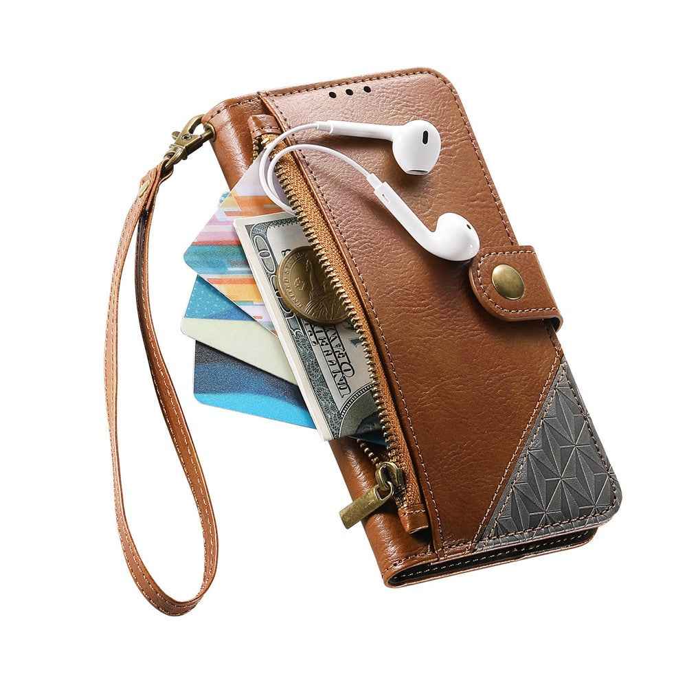 For Samsung Galaxy A57 5G Case Color Splicing TPU PU Leather Flip Shockproof Phone Cover with Wrist Strap - Brown