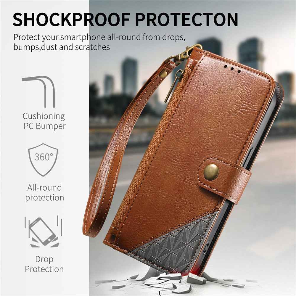 For Samsung Galaxy A57 5G Case Color Splicing TPU PU Leather Flip Shockproof Phone Cover with Wrist Strap - Brown