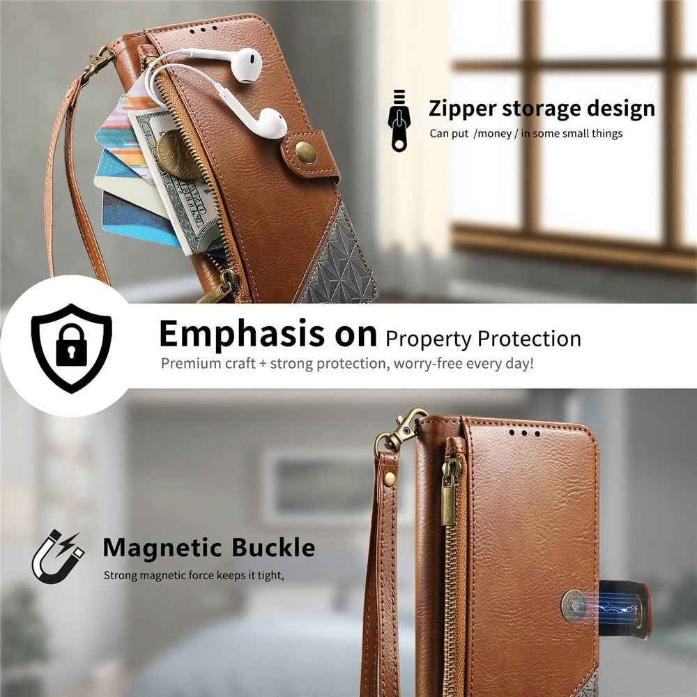 For Samsung Galaxy A57 5G Case Color Splicing TPU PU Leather Flip Shockproof Phone Cover with Wrist Strap - Brown