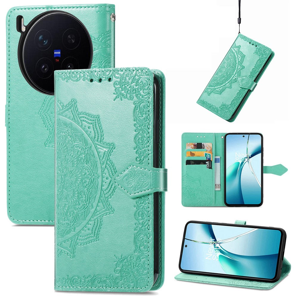 For vivo X300 Pro 5G Wallet Case Mandala Flower Leather Phone Cover Stand - Green