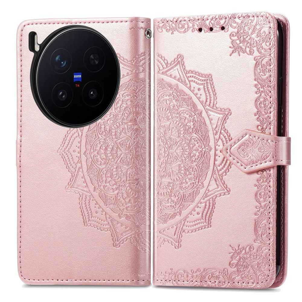For vivo X300 Pro 5G Wallet Case Mandala Flower Leather Phone Cover Stand - Rose Gold