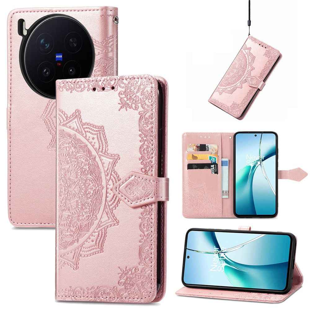 For vivo X300 Pro 5G Wallet Case Mandala Flower Leather Phone Cover Stand - Rose Gold