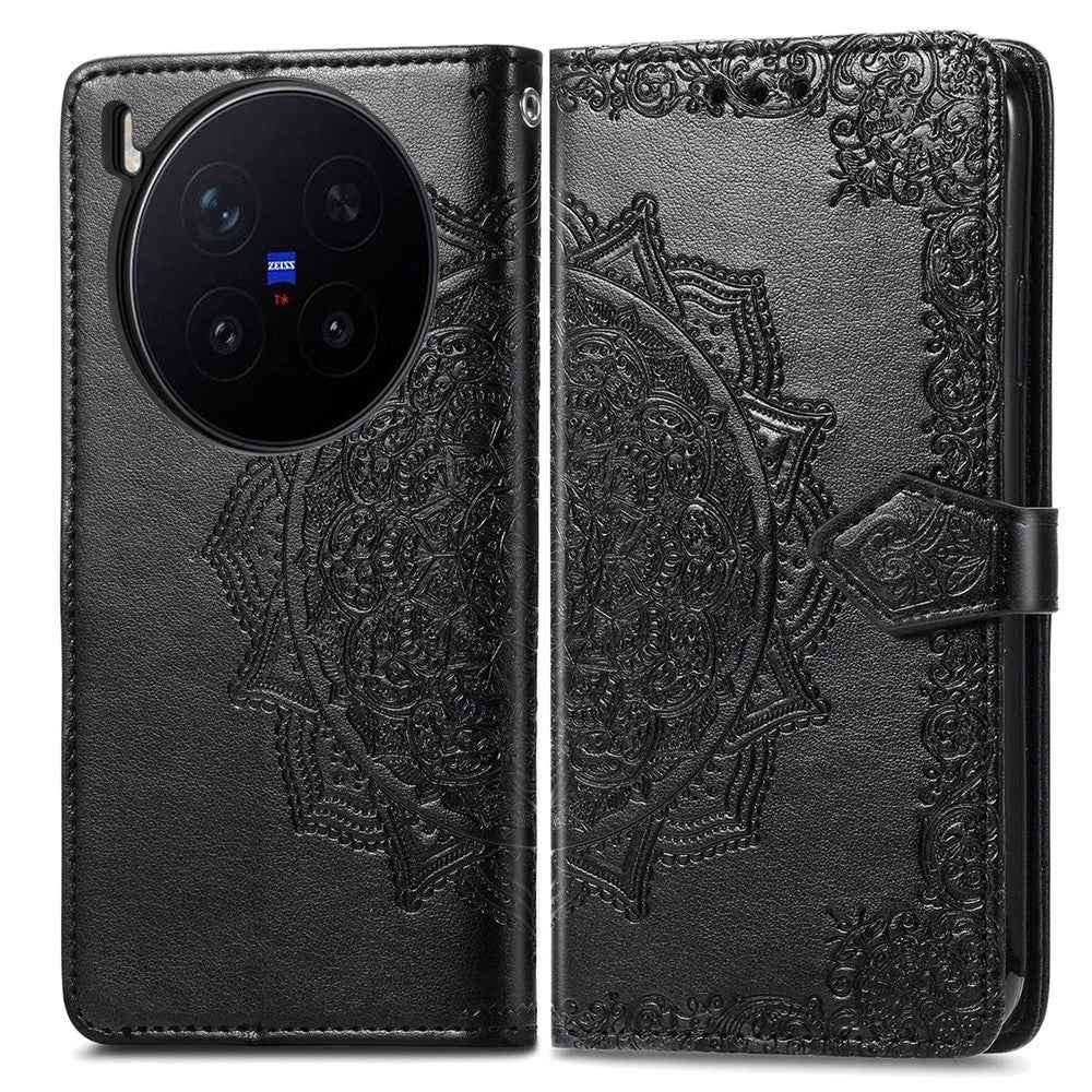 For vivo X300 Pro 5G Wallet Case Mandala Flower Leather Phone Cover Stand - Black