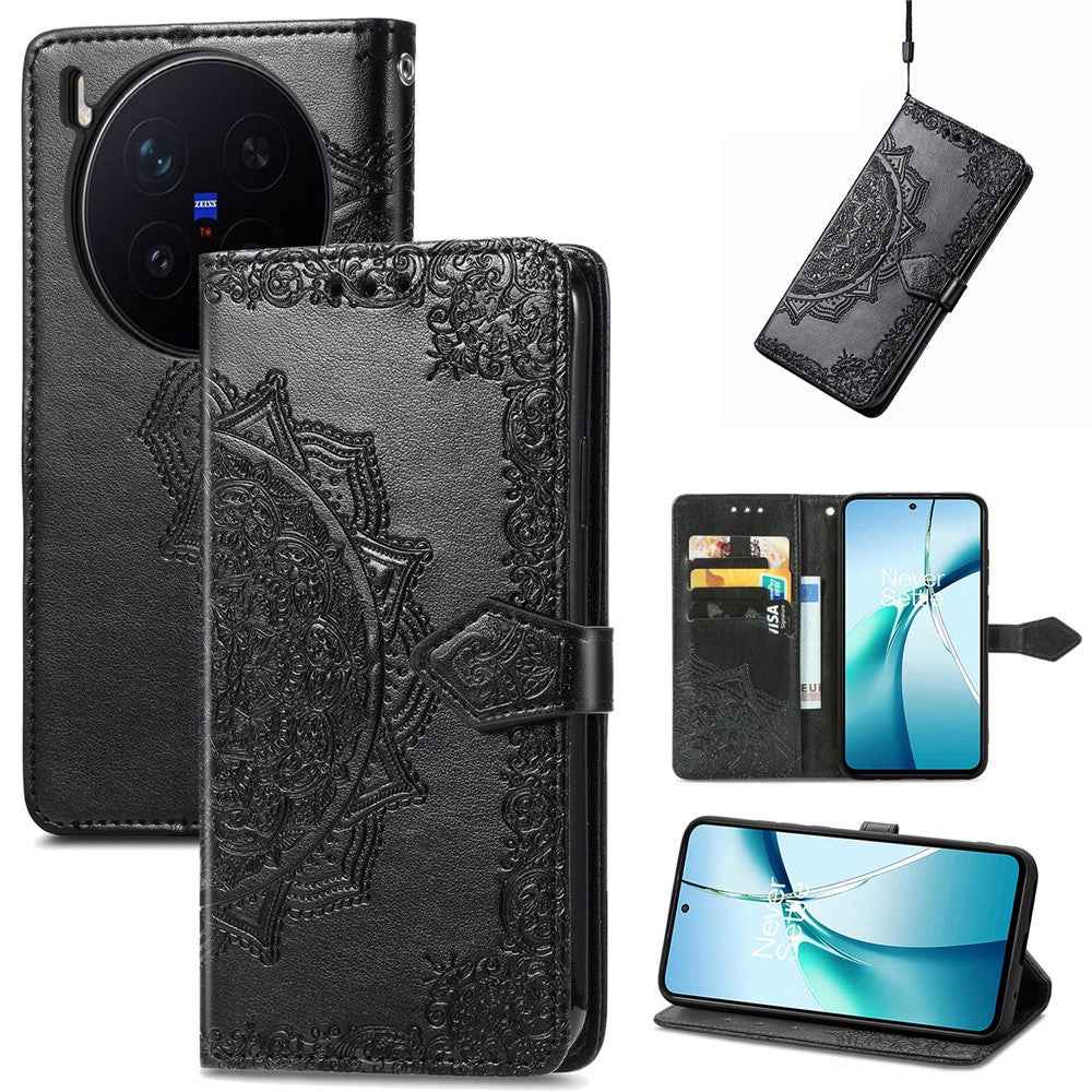 For vivo X300 Pro 5G Wallet Case Mandala Flower Leather Phone Cover Stand - Black