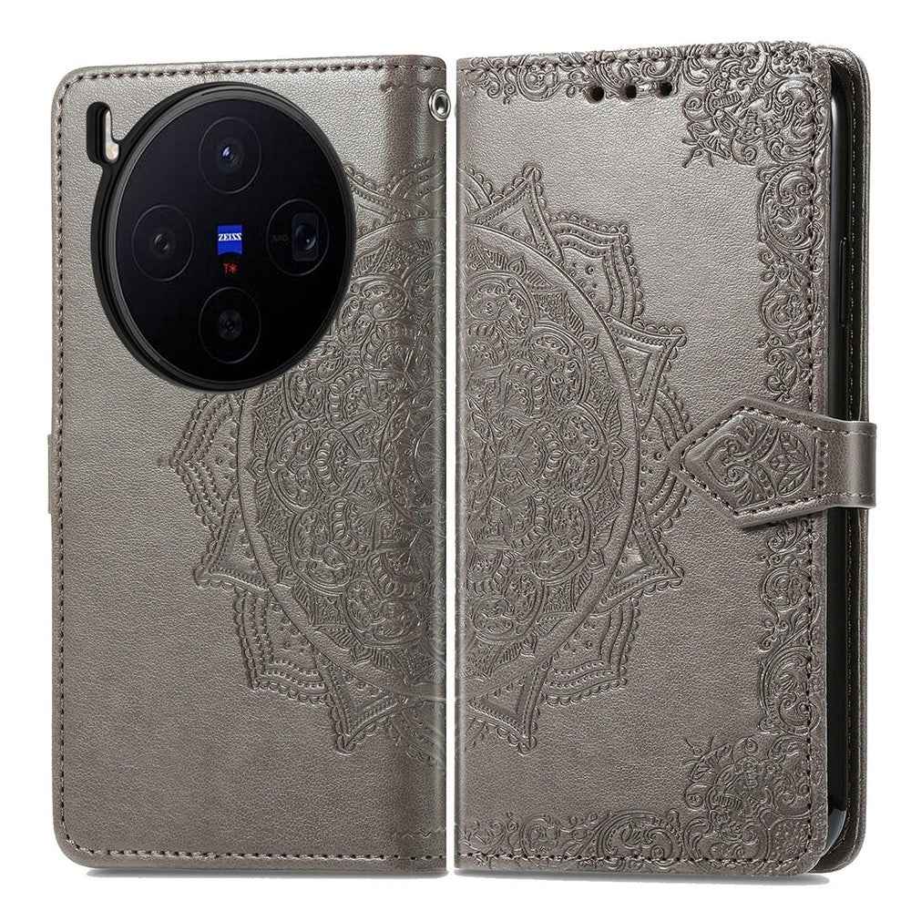 For vivo X300 5G Wallet Case Mandala Flower Leather Phone Cover Stand - Grey