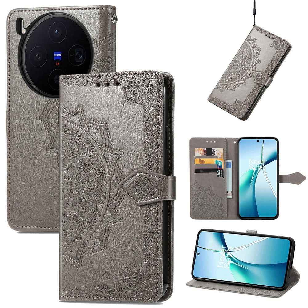 For vivo X300 5G Wallet Case Mandala Flower Leather Phone Cover Stand - Grey