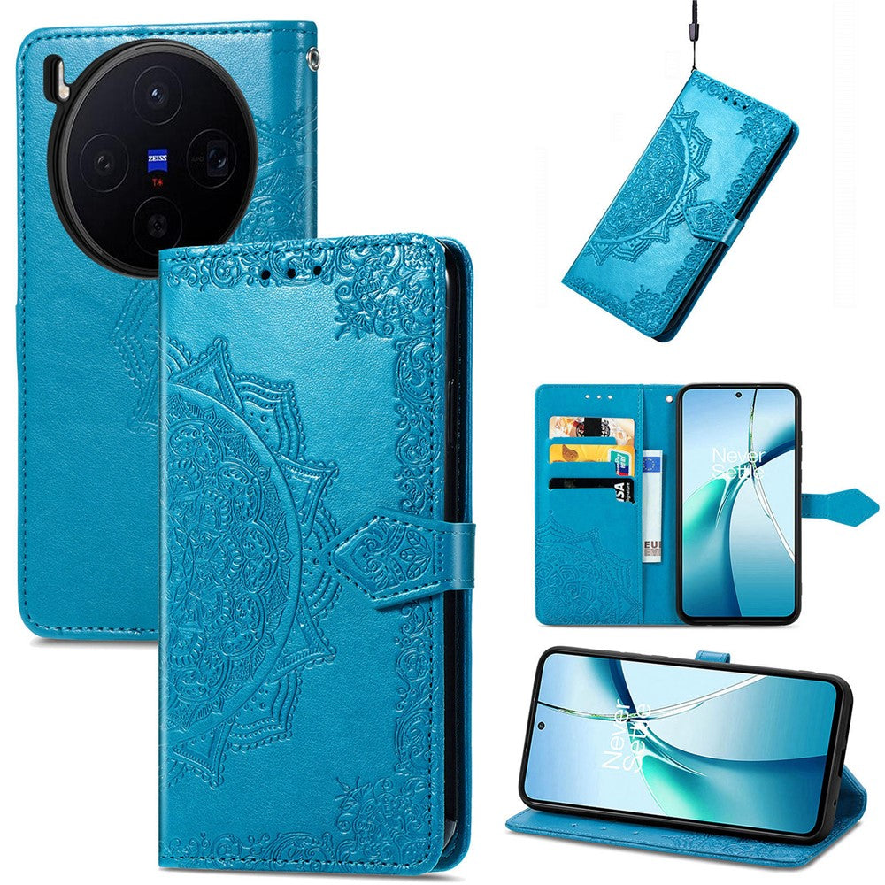 For vivo X300 5G Wallet Case Mandala Flower Leather Phone Cover Stand - Blue