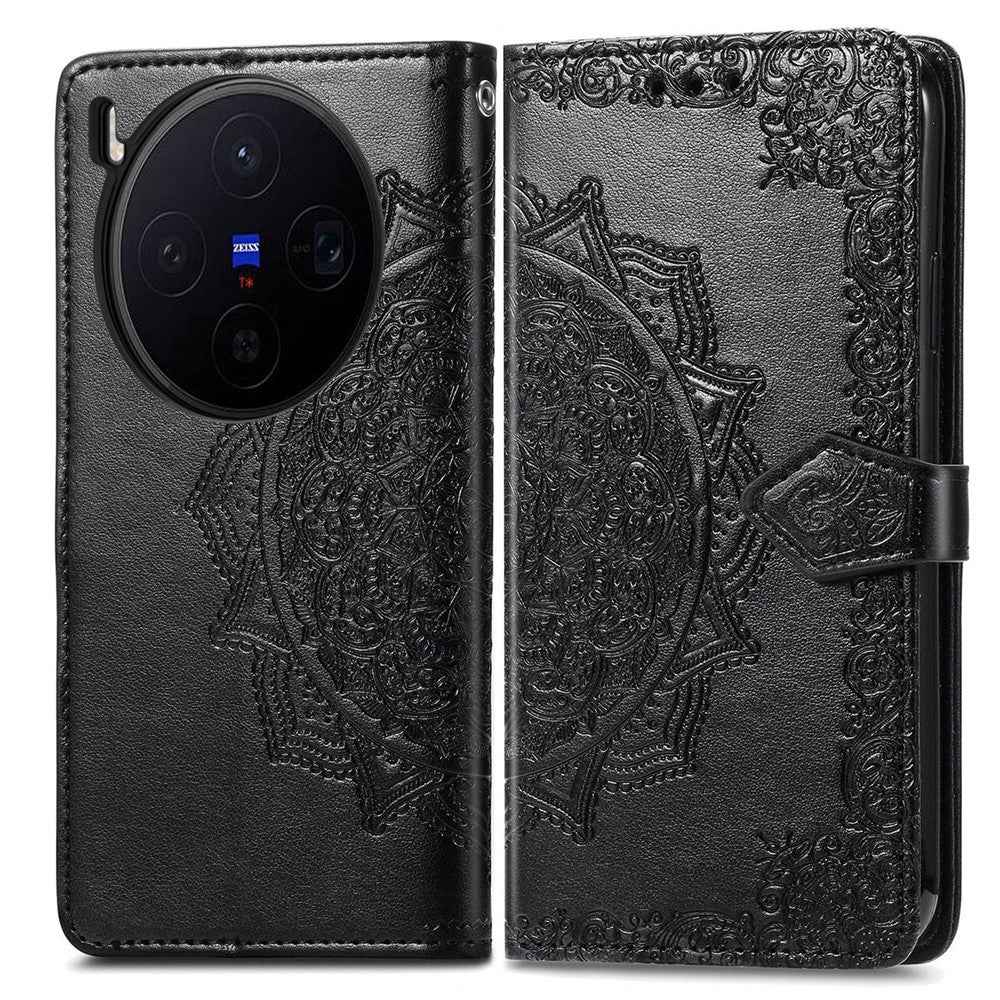 For vivo X300 5G Wallet Case Mandala Flower Leather Phone Cover Stand - Black