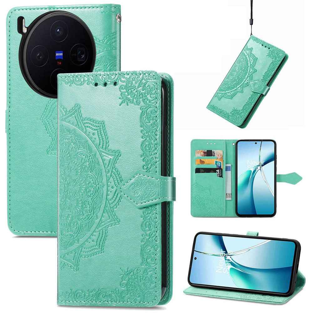 For vivo X300 5G Wallet Case Mandala Flower Leather Phone Cover Stand - Green
