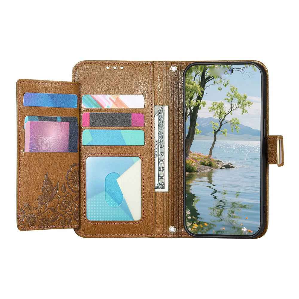 For vivo X300 Pro 5G Case Floral Leaf Pattern Multi Card Slots Zipper Leather Phone Cover with Wrist Strap - Brown