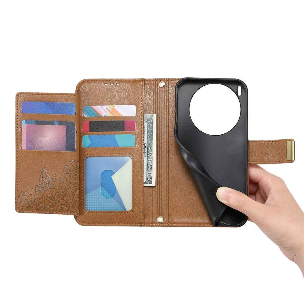 For vivo X300 Pro 5G Case Floral Leaf Pattern Multi Card Slots Zipper Leather Phone Cover with Wrist Strap - Brown