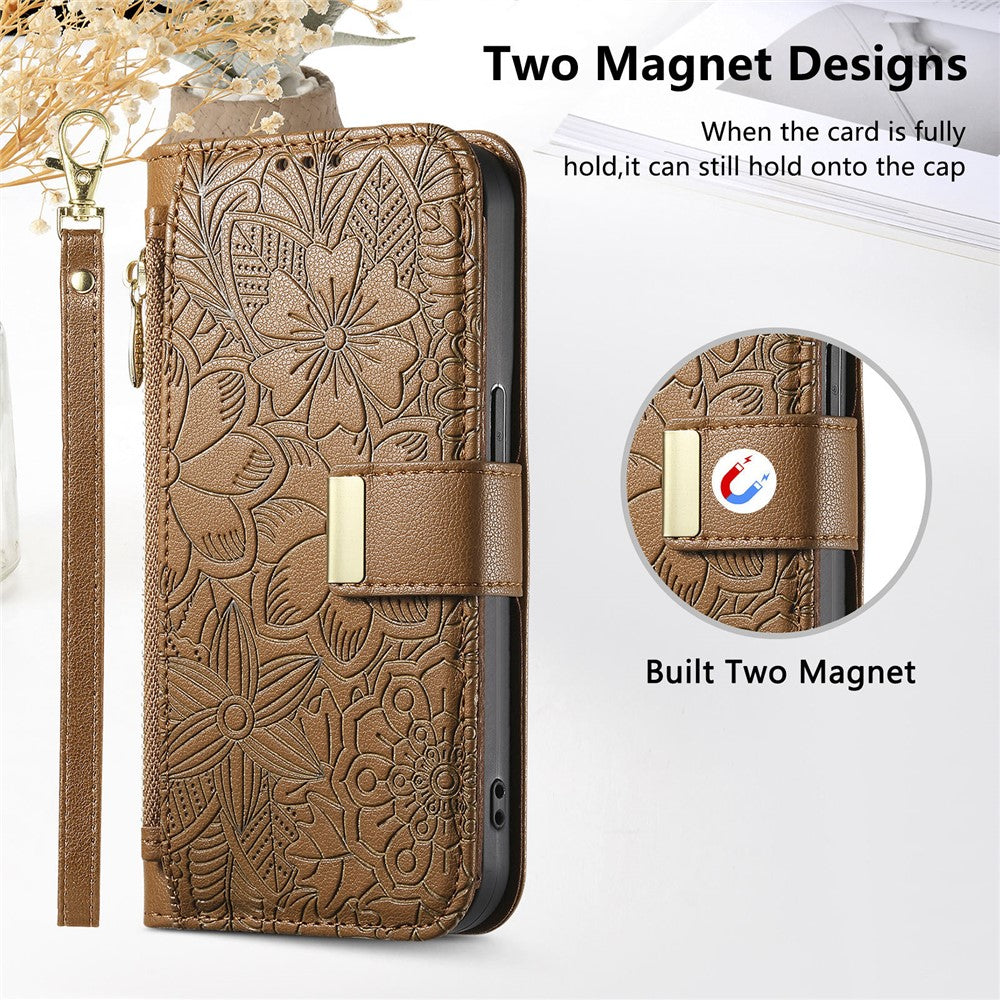 For vivo X300 Pro 5G Case Floral Leaf Pattern Multi Card Slots Zipper Leather Phone Cover with Wrist Strap - Brown