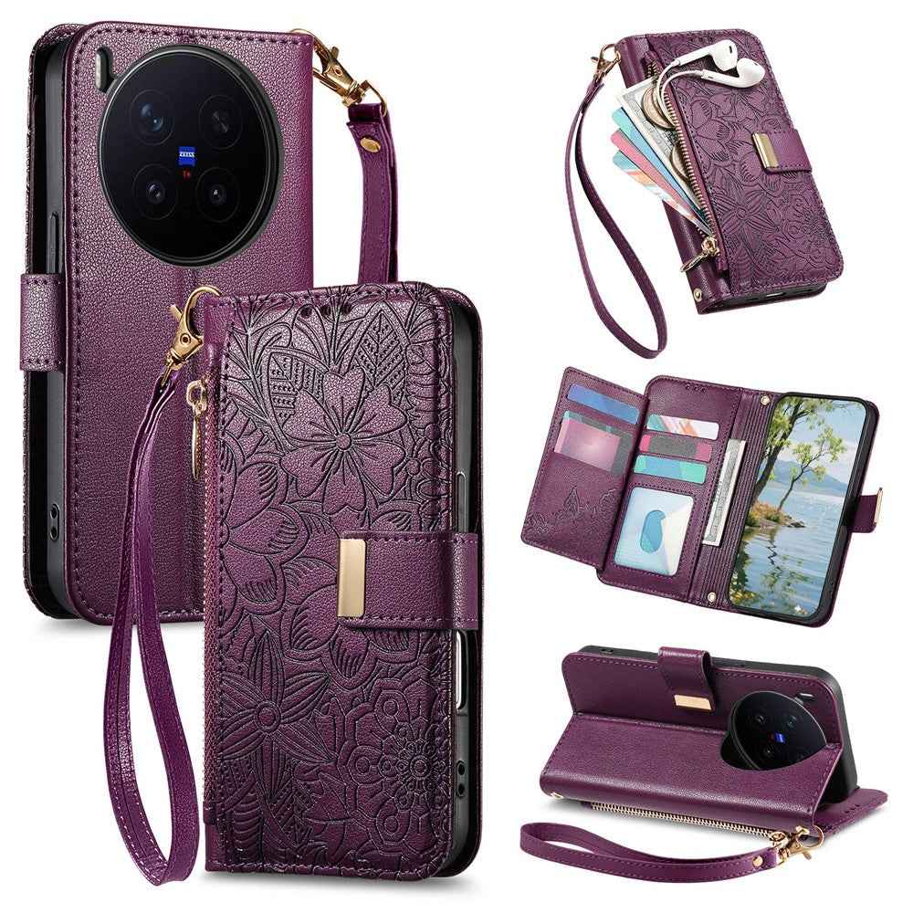For vivo X300 Pro 5G Case Floral Leaf Pattern Multi Card Slots Zipper Leather Phone Cover with Wrist Strap - Purple