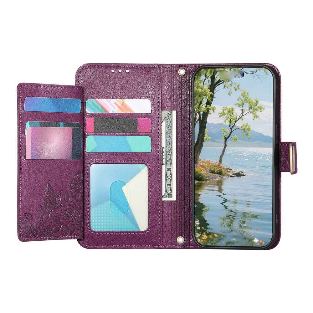For vivo X300 Pro 5G Case Floral Leaf Pattern Multi Card Slots Zipper Leather Phone Cover with Wrist Strap - Purple